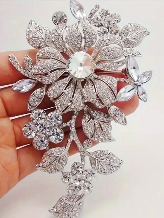 Jewelry - Crystal Floral Statement Brooch - Silver Tone